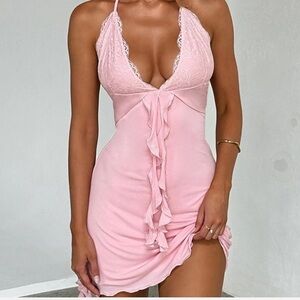 Tiger Mist Blush Lace Halter Dress